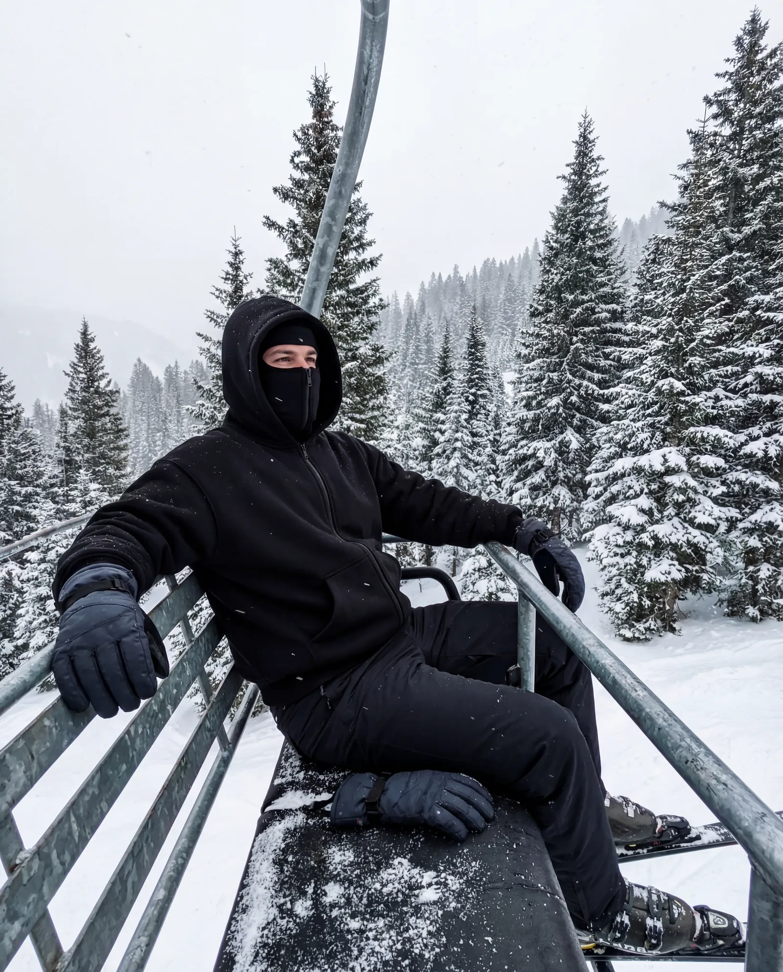 Райдер FROZENCREW на кресельном подъёмнике среди заснеженных елей